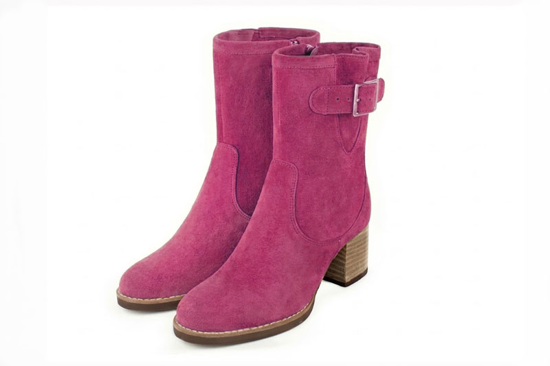 Classic leather ankle boots featuring adjustable side buckles and sleek hardware for secure support and timeless everyday style, in fuchsia leather with round toe and mid block heel